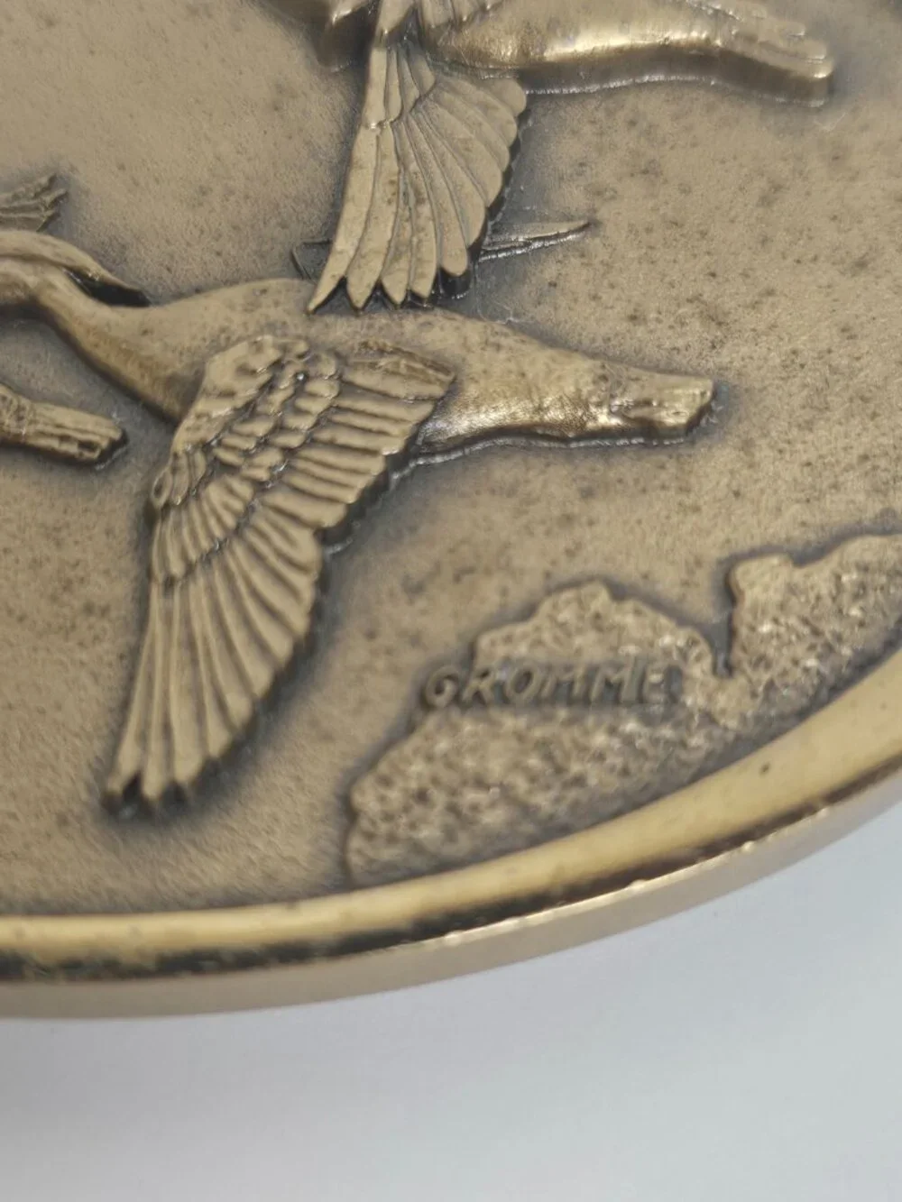 Owen Gromme Designed Three Wood Ducks Over Marsh 1980's Brass Tone Belt Buckle